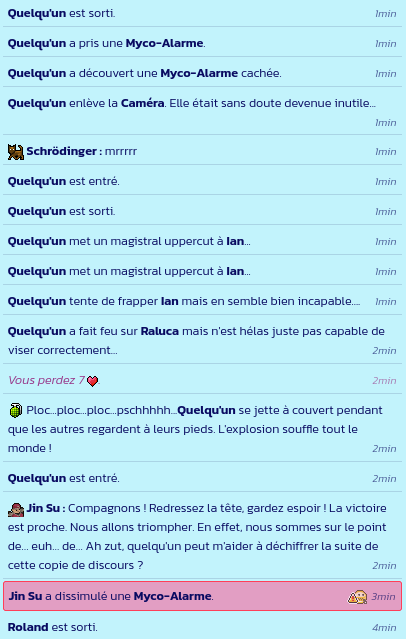Une visualisation des logs anonymisés par Ninja. Roland entre dans la pièce, lance une grenade, attaque quelqu'un, démonte la caméra, et fouille pour trouver la myco-alarme, avant de repartir.